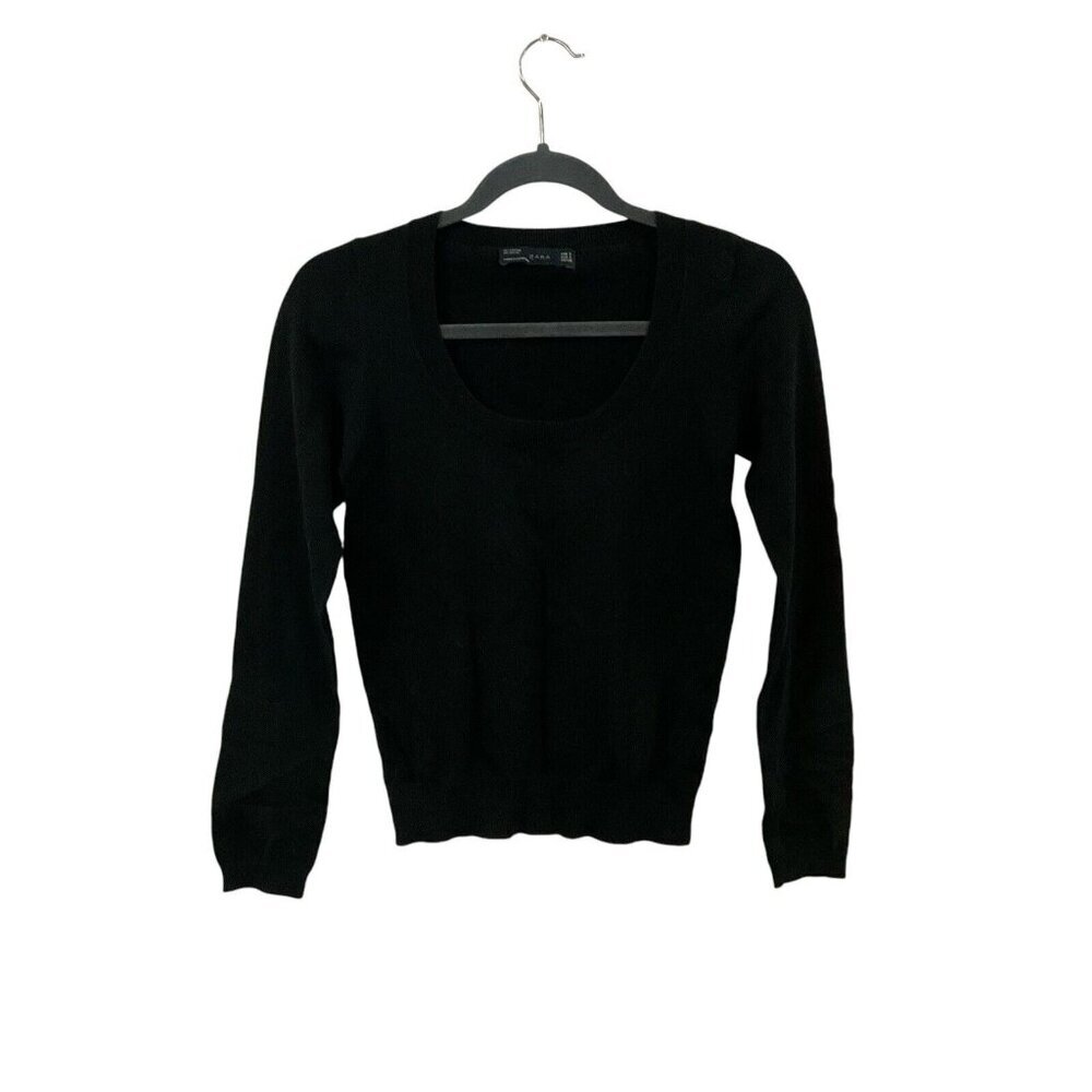 Zara Pullover Sweater Top Women's Size Small Black Cotton Nylon Blend Scoop Neck